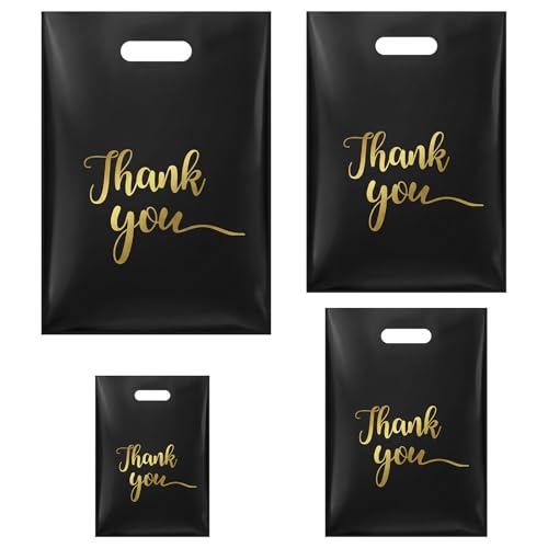400 Pcs 4 Size Thank You Merchandise Bags, Extra Thick Plastic Retail Shopping Bags with Handles, Black Gift Bag for Small Business, Boutique, Party Favors, Grocery (4 Sizes, 100 Each)