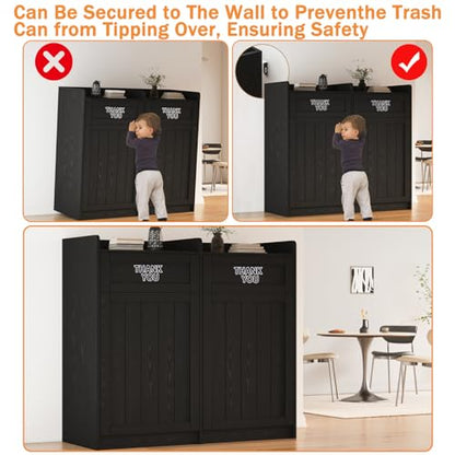 Double 40 Gallon Restaurant Trash Can Cabinet, Wooden Commercial Trash Cans and Garbage Receptacle with Tray Holder, Large Trash Cabinet for Restaurant, Kitchen, Office, Black (Black, Double) - color: Black-a, size: Full