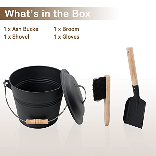 Poofzy Ash Bucket for Fireplace, 1.3 Gallon Ash Bucket with lid for Wood Stove, Includes Shovel, Broom and Gloves Indoor & Outdoor - size: 1.3 Gallon (Black)
