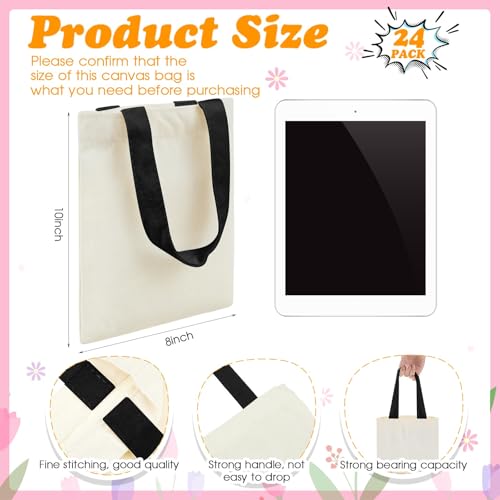 Amylove 24 Pcs Mini Canvas Tote Bags,8 X 10 Inch,Natural with Black Handle - color: Natural With Black Handle, size: 8 x 10 Inch