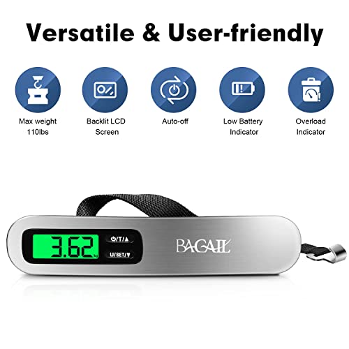BAGAIL Digital Luggage Scale, 110lbs Hanging Baggage Scale with Backlit LCD Display, Portable Suitcase Weighing Scale, Travel Luggage Weight Scale with Hook, Strong Straps for Travelers - color: Silver