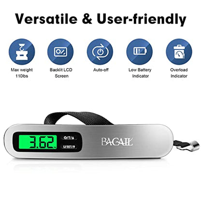 BAGAIL Digital Luggage Scale, 110lbs Hanging Baggage Scale with Backlit LCD Display, Portable Suitcase Weighing Scale, Travel Luggage Weight Scale with Hook, Strong Straps for Travelers - color: Silver
