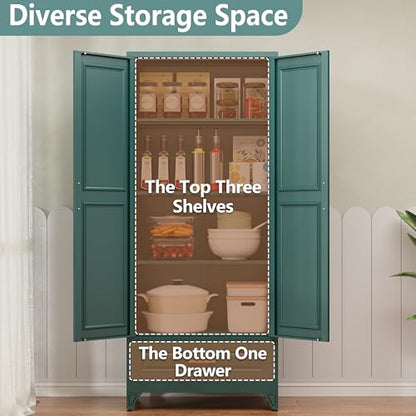 Polup 75" Metal Storage Cabinet, Tall Kitchen Pantry Cabinet with 1 Drawer - color: Green, size: 75"H - 1 Drawer