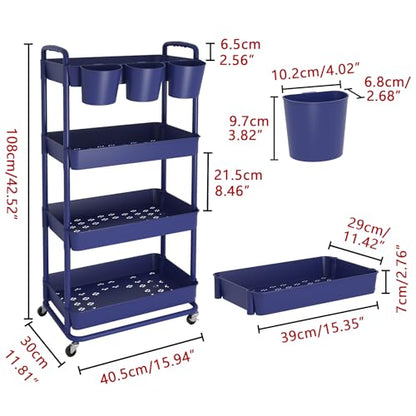 JIUYOTREE 4-Tier Plastic Rolling Storage Cart Utility Cart Blue - color: Blue, size: 4-Tier