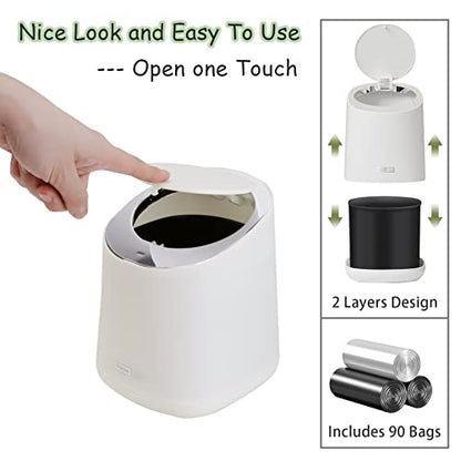 Mini Desktop Trash Can with 90 Trash Bags, Press-Type Countertop Wastebasket with Lid, Small Plastic Garbage Can for Bathroom Bedroom Living Room Dressing Table(White)