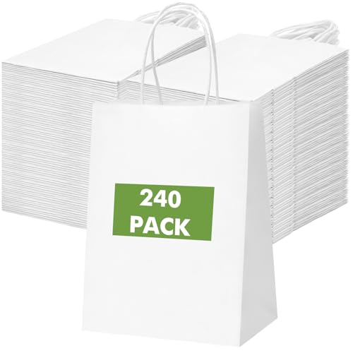 OUTUXED 240pcs 8x4x10in White Paper Bags with Handles Kraft Paper Gift Bags - color: White