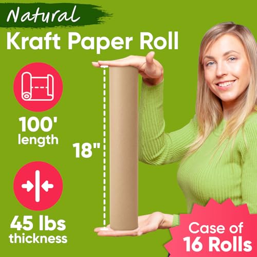 18" x 1200" (100 ft) Brown Kraft Paper Roll (Case of 16 Rolls), Made in USA - color: Brown, style: Bulk Case - 1 Color