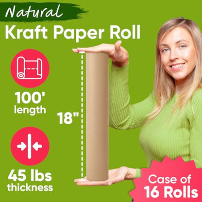 18" x 1200" (100 ft) Brown Kraft Paper Roll (Case of 16 Rolls), Made in USA - color: Brown, style: Bulk Case - 1 Color