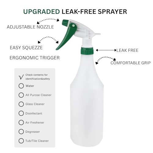 (3 Pack) Plastic Spray Bottle 32 Oz | All-Purpose HDPE Spraying Bottles Leak Proof Mist Empty Water Sprayer for Cleaning Solution, Oils, Hair, Planting, Pet with Adjustable Nozzle - White/Green