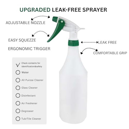 (3 Pack) Plastic Spray Bottle 32 Oz | All-Purpose HDPE Spraying Bottles Leak Proof Mist Empty Water Sprayer for Cleaning Solution, Oils, Hair, Planting, Pet with Adjustable Nozzle - White/Green