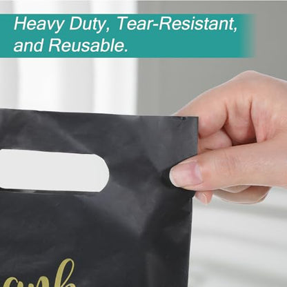 100 Pcs 5.7✕7.6 Inch Small Thank You Bags Black Thank You Bags Plastic Shopping Bag with Handles for Small Business Retail Boutique Gifts Stores(Black)
