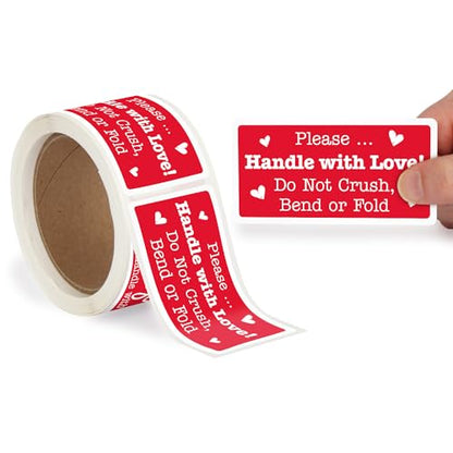 SmartSign Please Handle with Love Stickers - 2 x 4 inch, 100 / Roll, Do Not Bend Crush Or Fold Shipping Label, Semi-Gloss Paper, Permanent Adhesive, White on Red, Made in USA - color: Do Not Bend Crush Or Fold