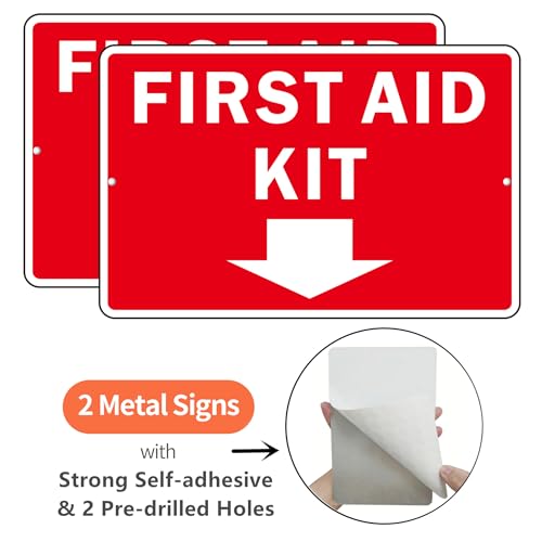 First Aid Sign, (2 Pack) Self Adhesive First Aid Kit Sign for Wall, Aluminum Metal Signs With 2 Pre-drilled Holes (9 x 6 inches, Red/White) - color: Red /White