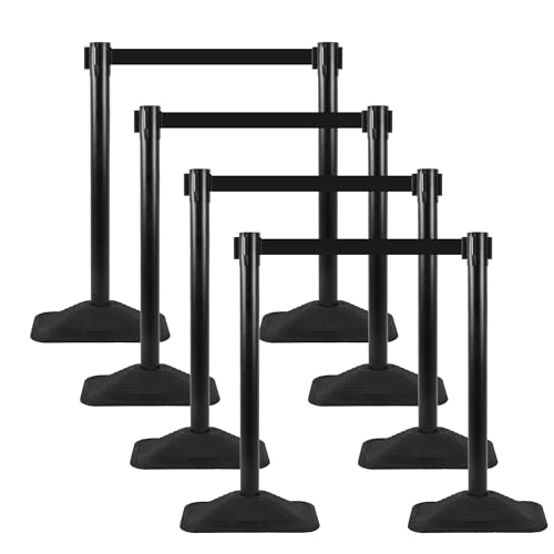 ECOSlGNS 8 Pack Heavy Duty Crowd Control Stanchions for Banks, Events, Retail w/ 10ft Retractable Belt, Non-Slip Weighted Rubber Base (Black) - color: Black, size: Rectangle Base - 8 Pack