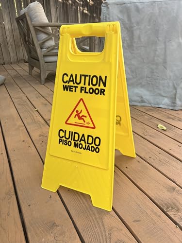 24' Warning sign "CAUTION WET FLOOR" sign double sided fold-out bilingual for public safety indoors and outdoors with two language English/Spanish