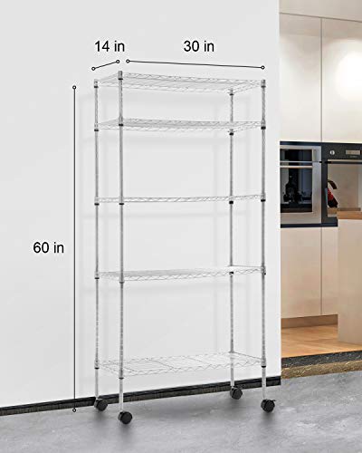 BestOffice | 5-Tier Wire Shelf with Wheels | 14" x 30" x 60" | Chrome - color: Chrome, size: 14L x 30W x 60H