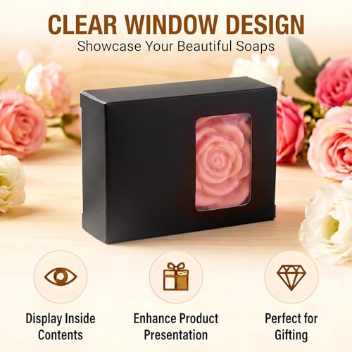 Spakon 30 Pcs Black Soap Boxes with Window, 3.5x2.6x1.2 Inch Kraft Paper - color: Black