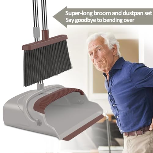 Upgrade Broom and Dustpan Set, Self-Cleaning with Dustpan Teeth, Ideal for Dog Cat Pets Home Use, Super Long Handle Upright Stand Up Broom and Dustpan Set (Brown) - color: Brown-02