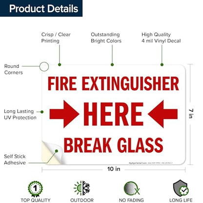 Fire Extinguisher Here Break Glass Sign, (MS-25700) 10x7 Inches, 4 Mil Vinyl Decal Stickers Weather Resistant, Made in USA by My Sign Center - size: 7x10 Vinyl Sticker