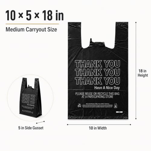 Black Thank You T-Shirt Bags, 10 x 5 x 18 in, 14 Micron, 1000 Count