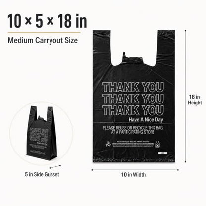 Black Thank You T-Shirt Bags, 10 x 5 x 18 in, 14 Micron, 1000 Count