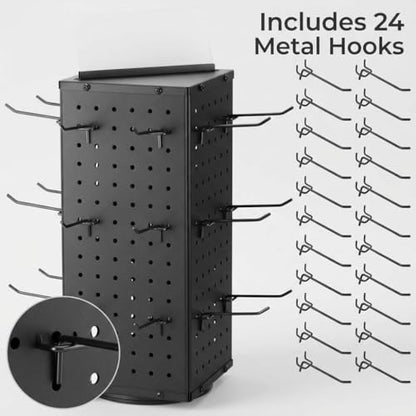 QWORK Rotating Metal Pegboard Display Stand – 4-Sided Spinner with 24 Hooks for Jewelry, Craft & Retail Use