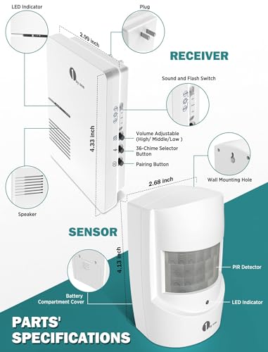 1byone Driveway Alarm, 36 Melodies, 1 Plug-in Receiver 2 PIR Detectors - size: one receiver two sensors