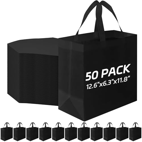 50Pcs Reusable Tote Bags Bulk, Non Woven Large Shopping Bags Grocery Gift Bag with Handles for Party Retail Boutiques, Black