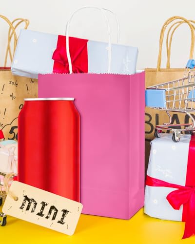qiqee 24PCS Mini Gift Bag with Handles Bulk 4.5"x2.5"x6" Gift Bags Pink Bags Multiple Uses - color: Pink