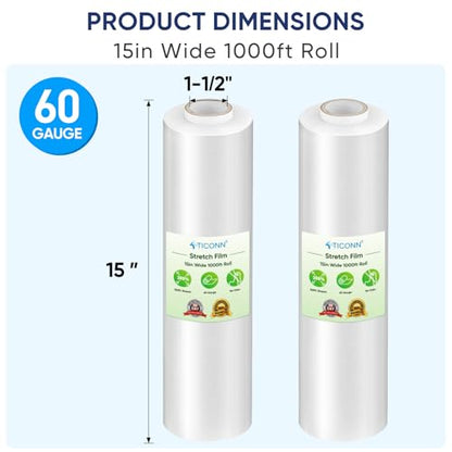 TICONN Stretch Wrap Roll, 15 in x 1000 ft Plastic Wrap for Moving Furniture - style: 15''-1PK Clear (No handle)