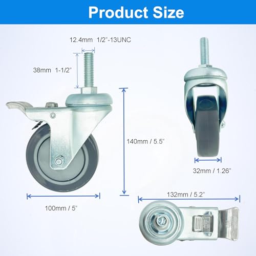 4 inch Swivel Caster Wheels Heavy Duty with Aluminum Brake, 1/2" x13-1-1/2 Threaded Stem Casters Set of 4, Polyurethane Grey PU Wheels for Hospital, Lab, Furnitures,Restaurant - color: Grey PU, size: 1/2"-13x1-1/2", style: 4 AL brake