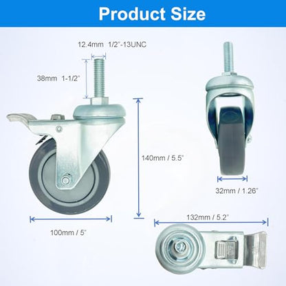 4 inch Swivel Caster Wheels Heavy Duty with Aluminum Brake, 1/2" x13-1-1/2 Threaded Stem Casters Set of 4, Polyurethane Grey PU Wheels for Hospital, Lab, Furnitures,Restaurant - color: Grey PU, size: 1/2"-13x1-1/2", style: 4 AL brake