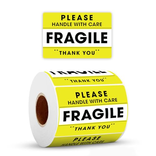 StickerJet Fragile Handle with Care Stickers Roll – (500 Labels, 2"x3") Bright Shipping and Packaging Labels with Strong Adhesive (Yellow) - size: 2"x3"
