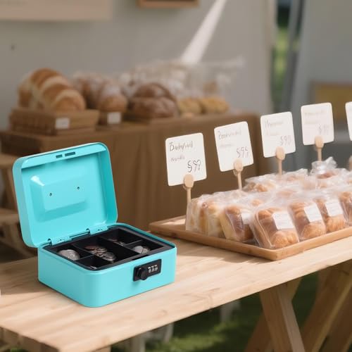 Jssmst Medium Cash Box with Combination Lock - Durable Metal Cash Box with Money Tray,light blue,7.87 x 6.3 x 3.35 inches - color: Light blue, size: Medium