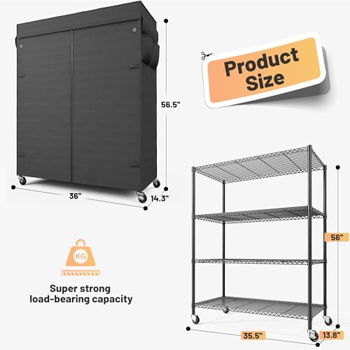 REIBII 4-Tier Shelving Unit with Cover, Dustproof, with Wheels for Pantry - size: 36" W x 14.3" D x 56.5" H