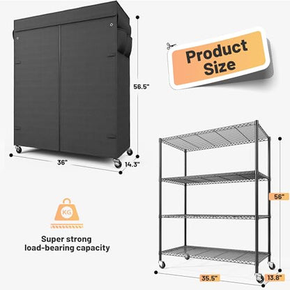 REIBII 4-Tier Shelving Unit with Cover, Dustproof, with Wheels for Pantry - size: 36" W x 14.3" D x 56.5" H