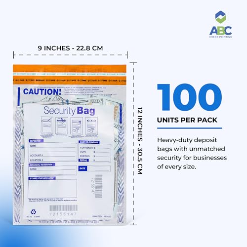 Clear Plastic Bank Deposit Bags | Tamper-Evident Cash Deposit Bag | Tear-Off Receipt | Heavy-Duty 9" x 12" | 100 pcs | ABC Check Printing - style: Clear