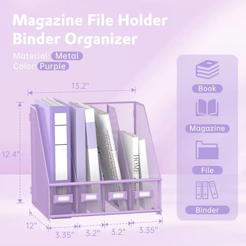 SUPEASY Magazine File Holder Desk Organizer, Metal Binder Holder with 4 Vertical Compartments for Office Home School, Purple - color: Purple