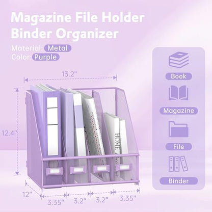 SUPEASY Magazine File Holder Desk Organizer, Metal Binder Holder with 4 Vertical Compartments for Office Home School, Purple - color: Purple