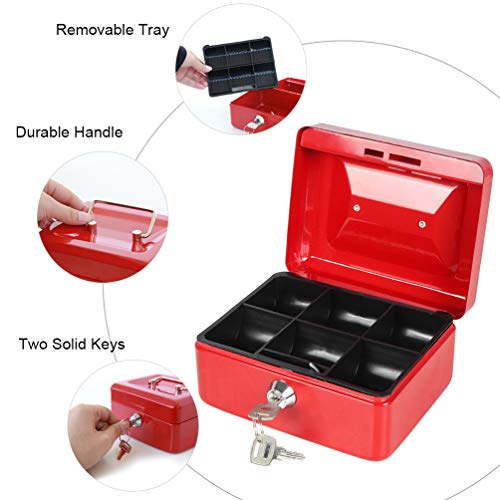 Cash Box with Money Tray, Parrency Small Money Box with Key Lock, 6" x 4 4/5" x 3", Red - color: Red, size: Small（5.9")