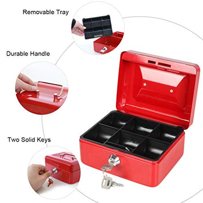 Cash Box with Money Tray, Parrency Small Money Box with Key Lock, 6" x 4 4/5" x 3", Red - color: Red, size: Small（5.9")