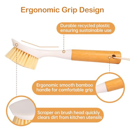 3 Pack Dish Brush Set with Bamboo Handle, Dish Scrubber Built-in Scraper, Kitchen Scrub Brush for Cleaning Cast Iron Cookware, Pans, Pots, Counter & Kitchen Sink (White)