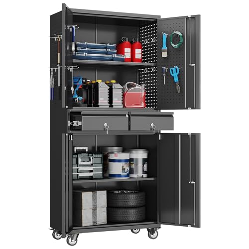 71-Inch Garage Storage Cabinet with 2 Drawers, Wheels and Pegboard - color: Black, size: 16"D x 30"W x 71"H