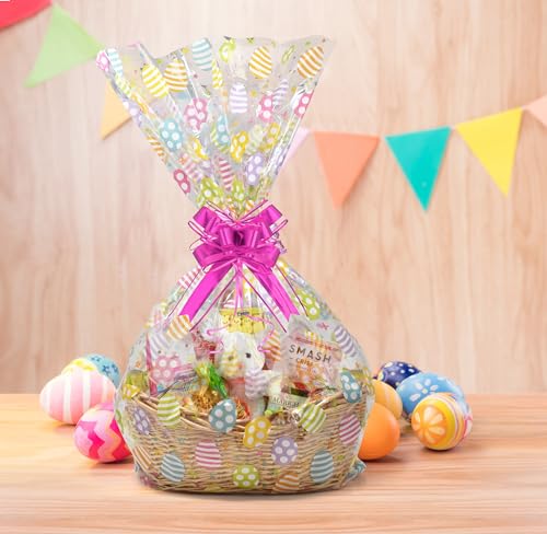 Easter Basket Bags 10 Pack 24x30 Inch Clear Treat Wrap with Colorful Egg Print and Twist Ties Large Plastic Gift Bags for Candy Favors and Party Supplies