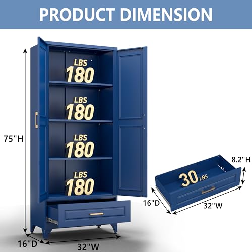 Polup 75" Metal Storage Cabinet, Tall Kitchen Pantry Cabinet with 1 Drawer - color: Blue, size: 75"H - 1 Drawer
