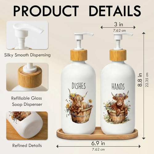 Highland Cow Farmhouse Hand and Dish Soap Dispenser Set, Highland Cow Lover Gifts Glass Soap Dispenser for Kitchen, Floral Heifer Refillable Handsoap Pump Bottle for Bathroom Countertop - color: Highland Cow Set of 2