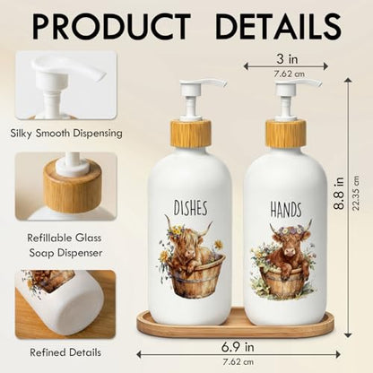 Highland Cow Farmhouse Hand and Dish Soap Dispenser Set, Highland Cow Lover Gifts Glass Soap Dispenser for Kitchen, Floral Heifer Refillable Handsoap Pump Bottle for Bathroom Countertop - color: Highland Cow Set of 2