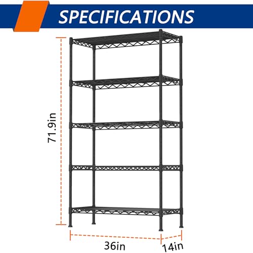 Soywey 5-Shelf Adjustable Heavy Duty Storage Shelving Unit, Metal Organizer Wire Rack for Laundry Bathroom Kitchen Pantry Closet, Black - size: 5-Shelf, style: No Wheels