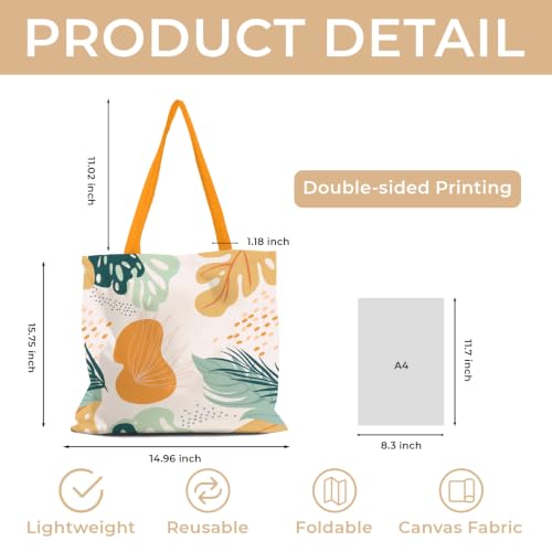 Cute Canvas Tote Bag for Women, Book Totebag with Zipper Pocket - color: Boho Leaves