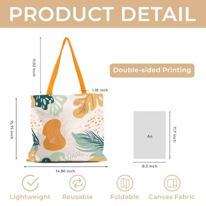 Cute Canvas Tote Bag for Women, Book Totebag with Zipper Pocket - color: Boho Leaves